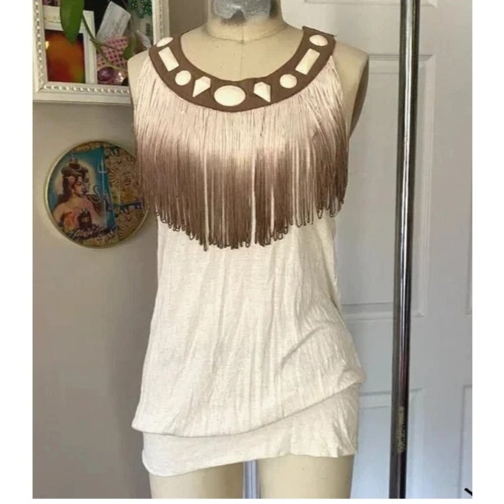 ANTHOPOLOGIE Beige Y2K Ombre Fringe front Racerback Long Tunic Tank BOHO *MED*